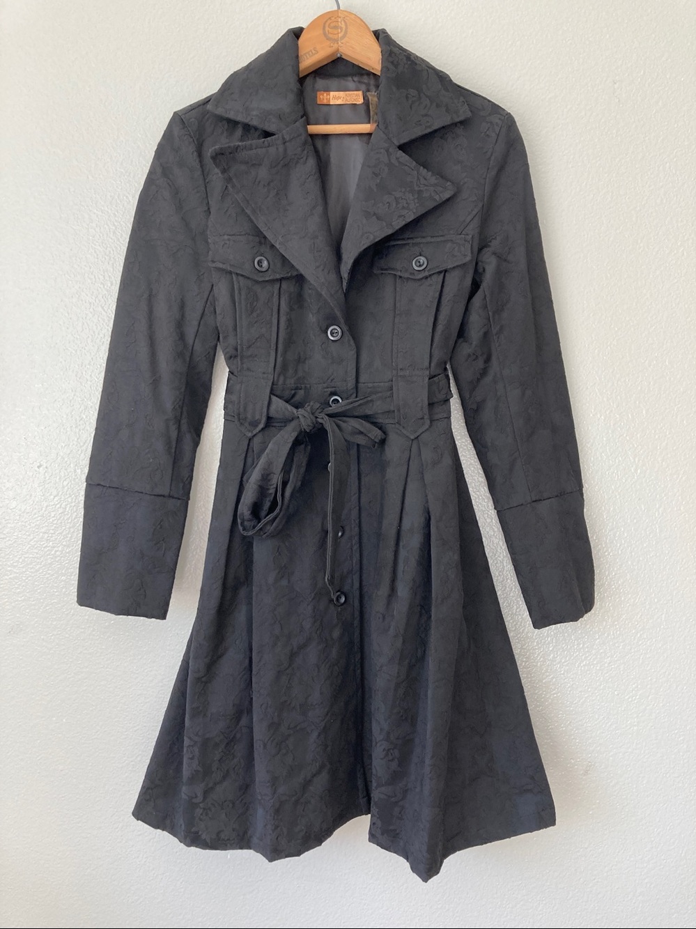 Vintage Y2K Floral jacquard satin Belted trench coat jacket feminine Twee sz S